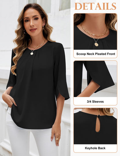 Women's 3/4 Sleeve Chiffon Blouse Crew Neck Split Sleeve – Black XXL