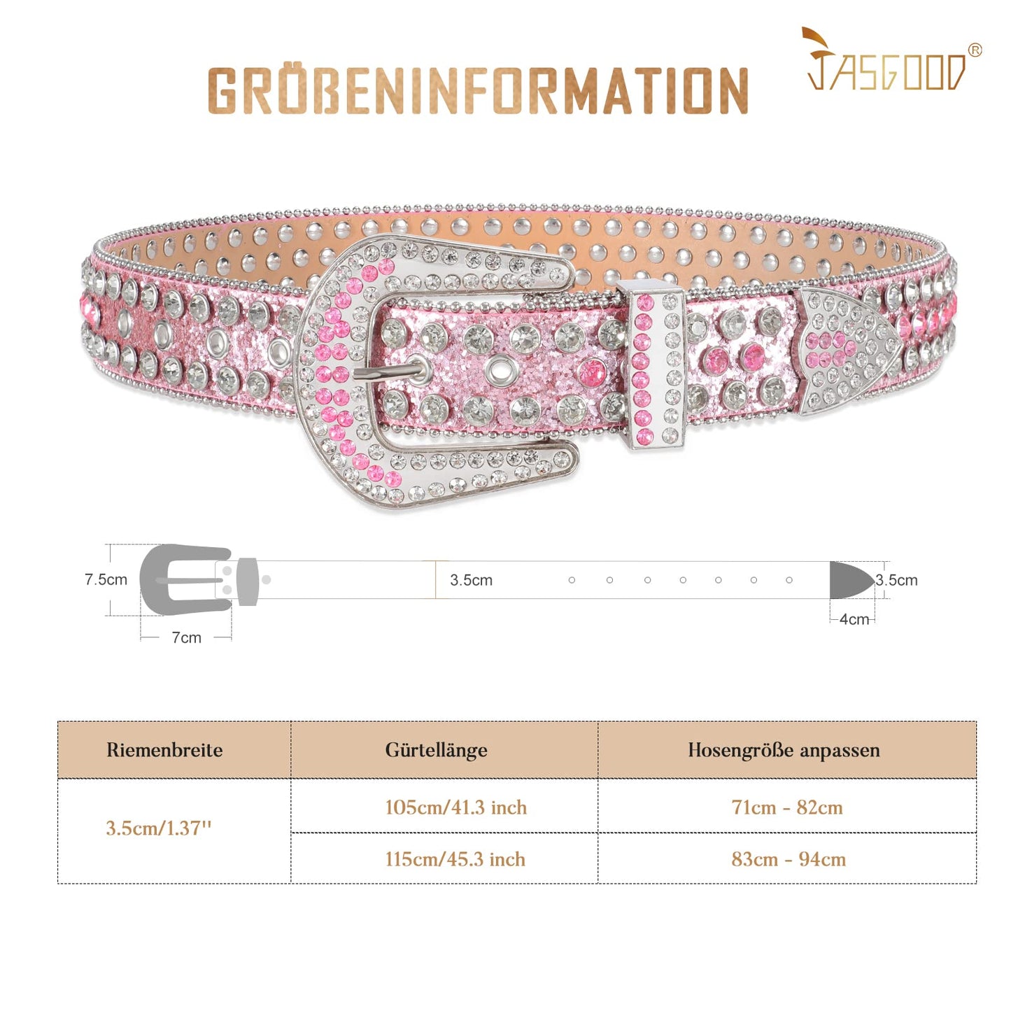 JasGood Women's Leather Belt with Rhinestones, Western Cowgirl Cowboy Bling Studded Leather Belt for Jeans Pants
