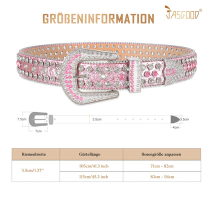 JasGood Women's Leather Belt with Rhinestones, Western Cowgirl Cowboy Bling Studded Leather Belt for Jeans Pants