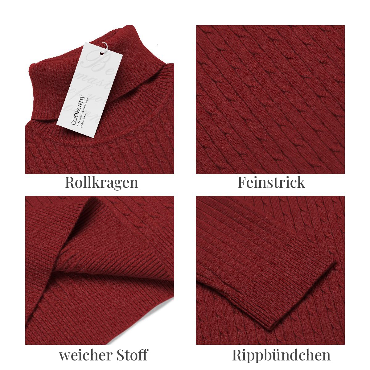 COOFANDY Men's Turtleneck Cable Knit Sweater Casual Long Sleeve – Red XXL