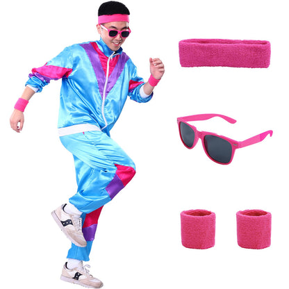 80s/90s Tracksuit Jacket & Pants Retro Costume Sweatbands Sunglasses Fancy Dress – Blue XL