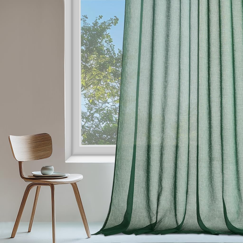 MRTREES Green curtains with ruffle tape, set of 2, 250 cm long, curtains with ruffle tape for rail, 140 cm wide, linen look