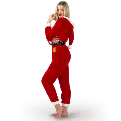Women's Santa Hooded One-Piece Fleece Pyjama Front Zip Christmas Costume - Red XL