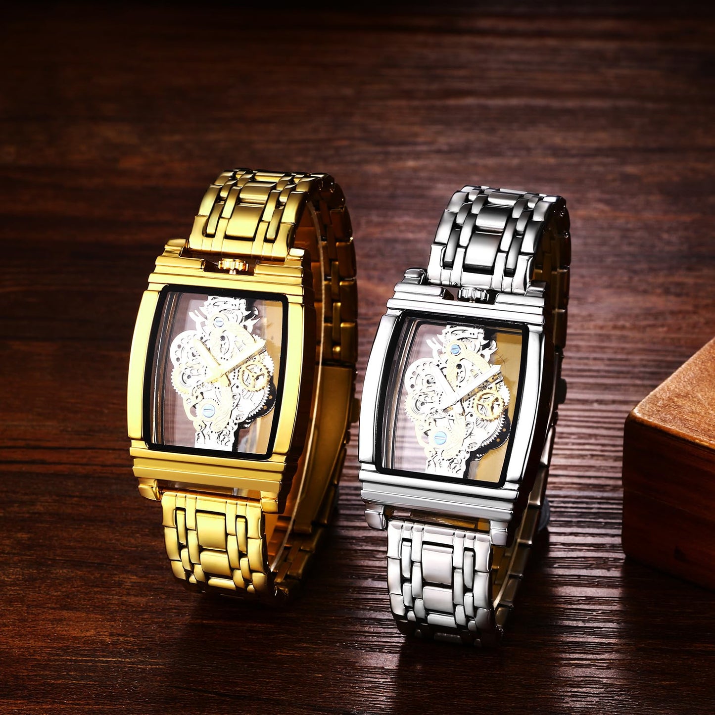 Analog Quartz Wristwatch Tonneau Case Stainless Steel Bracelet Waterproof - Two-Tone