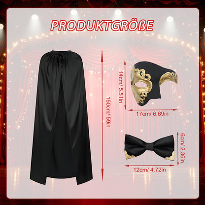 Adult Opera Carnival Costume Cape Venetian Masquerade Mask Gloves Bow Tie – One Size