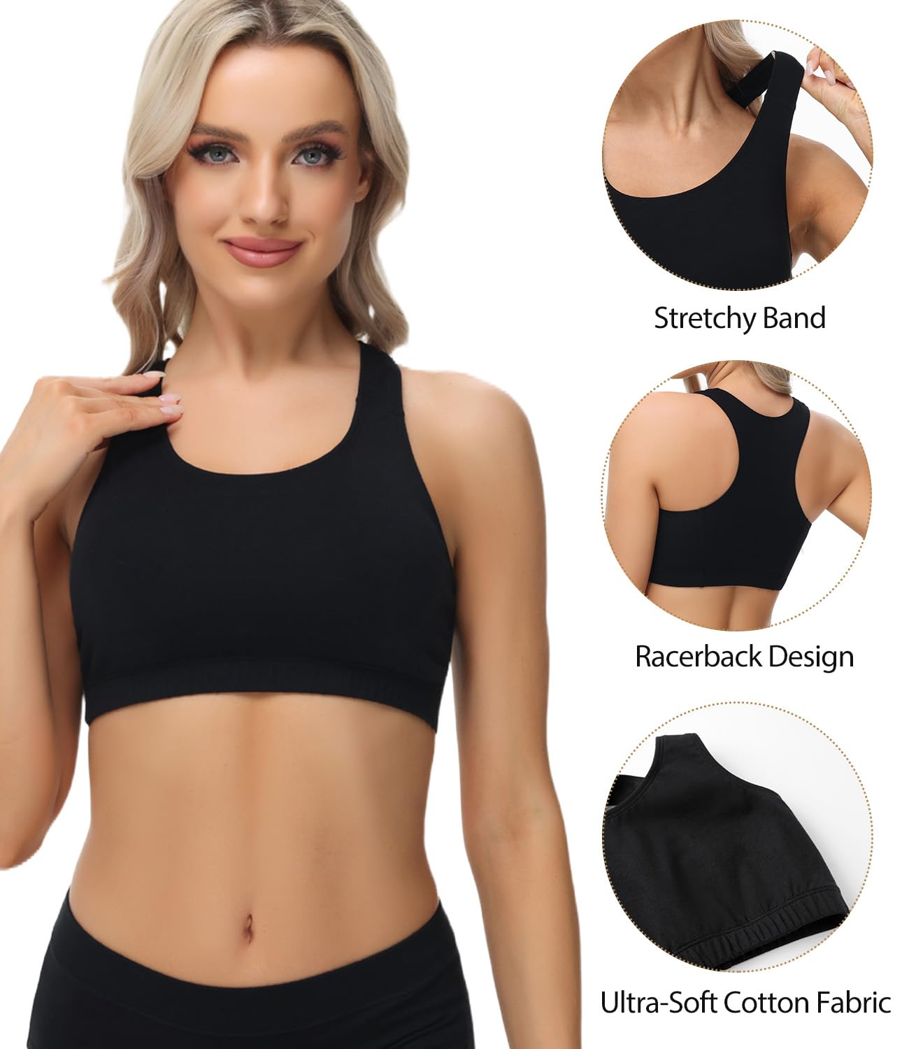 Women's Cotton Bustier Wireless T-Back Bra Light Support 3-Pack – Black M