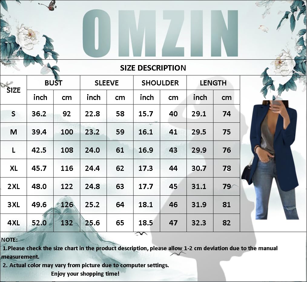 OMZIN Women's Long Sleeve Lapel Suits Open Front Solid Blazer Jacket Pockets Work Office Blazer Suit Dark Green XL