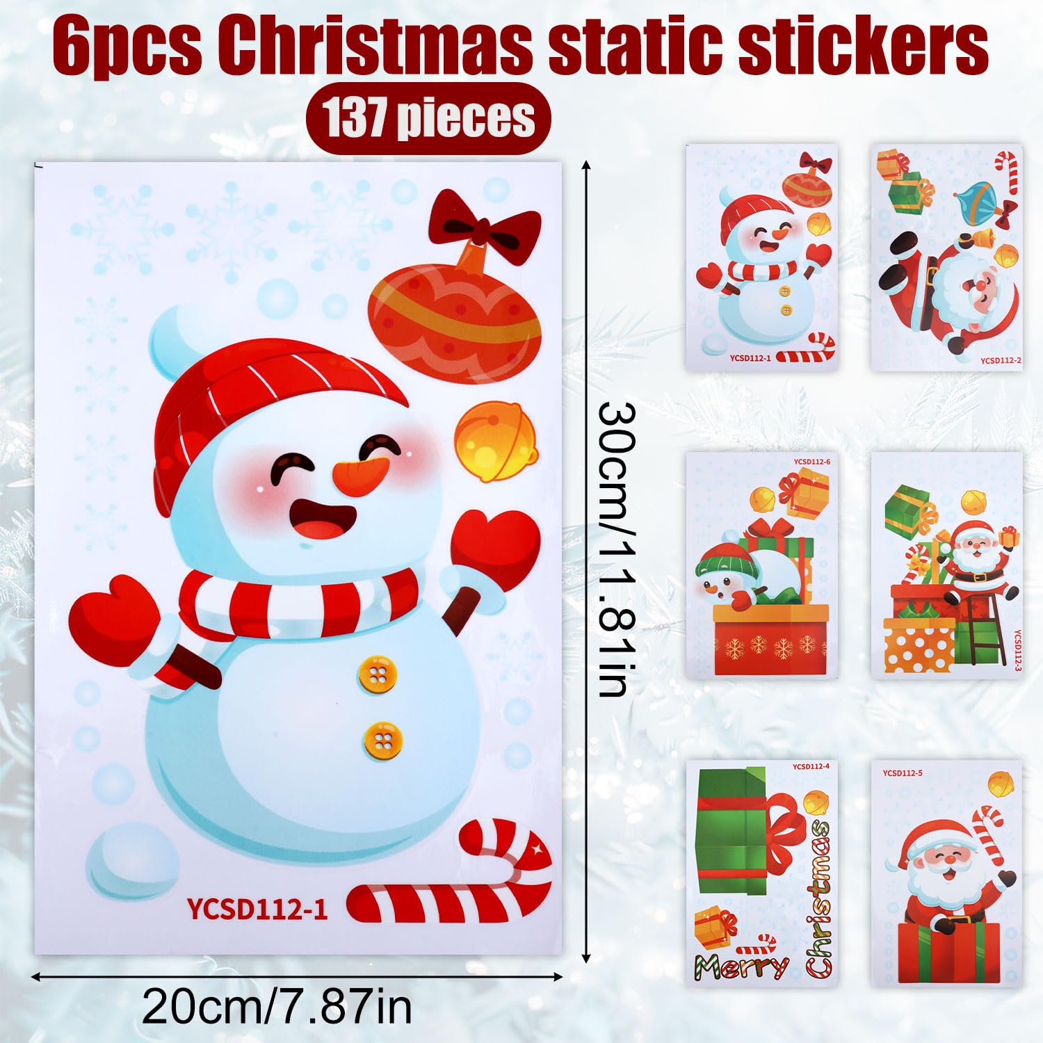 6 Sheets Christmas Window Decorations, Double-Sided Christmas Window Stickers for Glass Windows Static Clings Christmas
