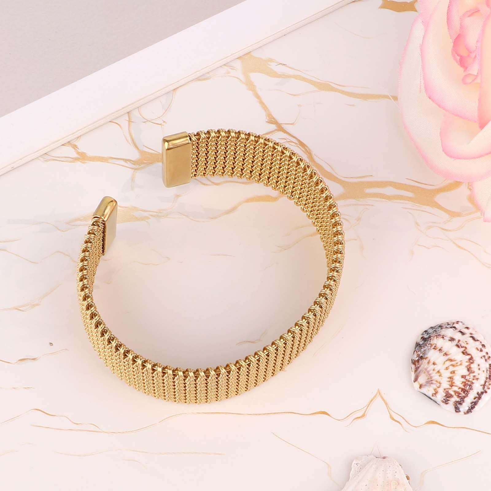 Wide Woven Open Gold Bangle Stainless Steel Mesh Stackable Cuff – Gold