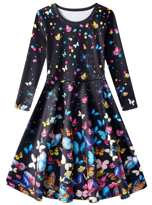 Girls' Butterfly Long Sleeve Dress Colourful Kids Party Dress – Age 8-9 L