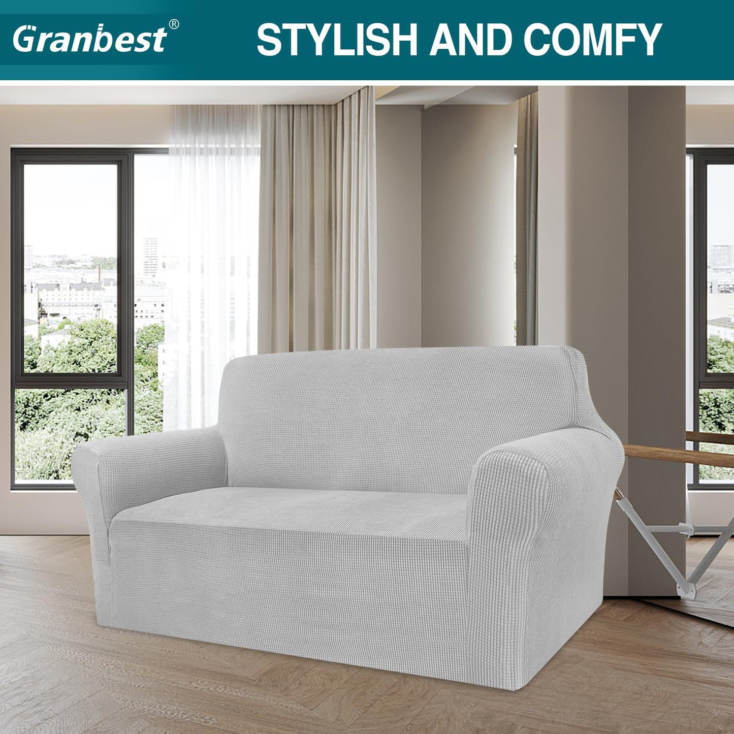 Granbest Stretchy Sofa Slipcover Modern Jacquard Pet Protector – 2 Seater Silver Grey