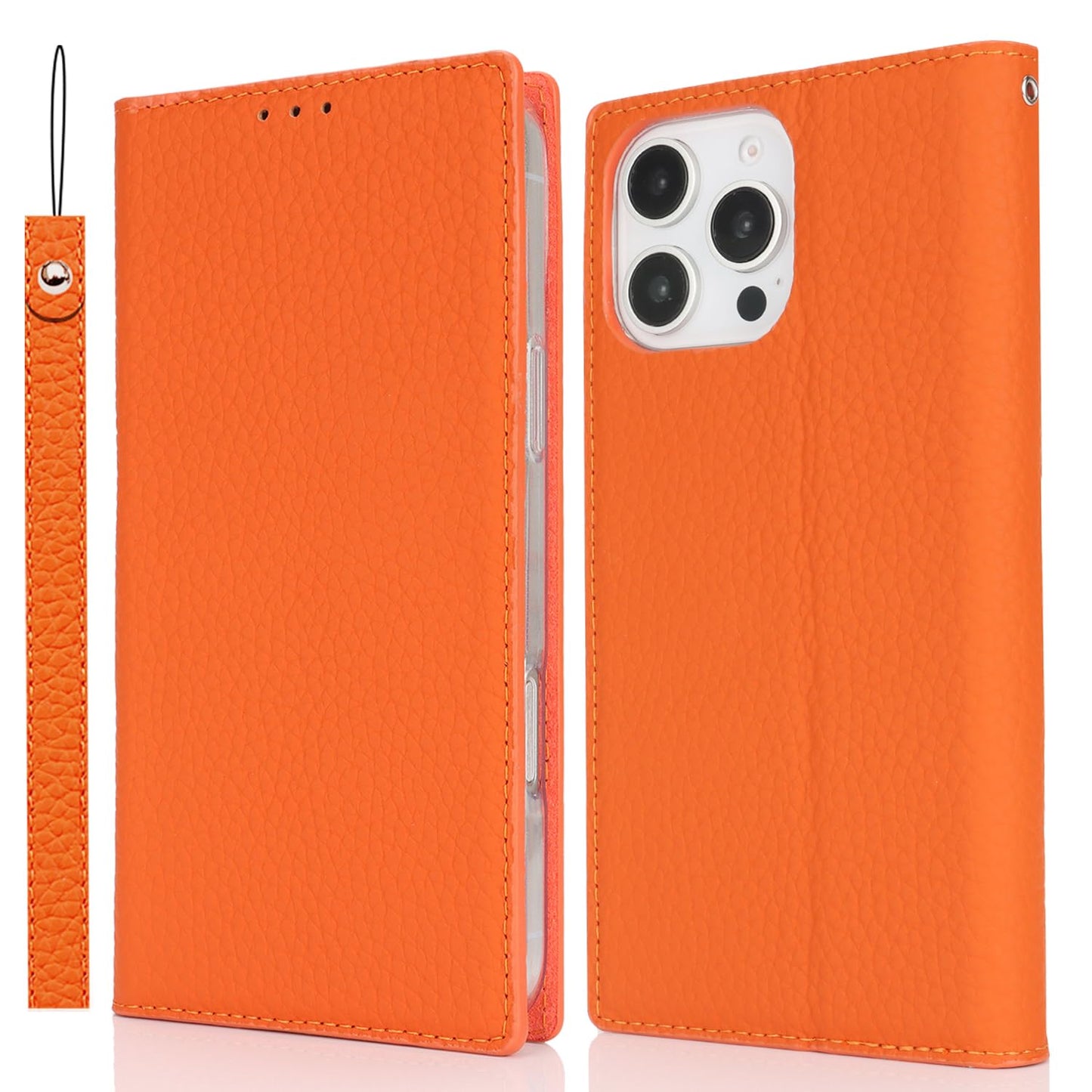 iPhone 16 Pro Leather Wallet Case Flip 3 Card RFID Blocker Magnetic Strap – Orange