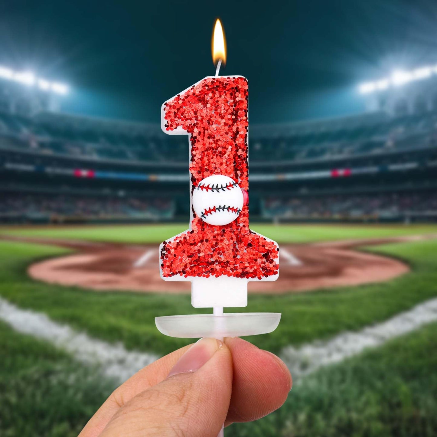 Birthday Number Candle 7.5cm Glitter Baseball Cake Topper – Red (1)