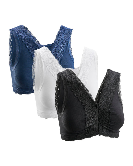 3-Pack Seamless Comfort Bra with Zipper – White/Black/Blue L