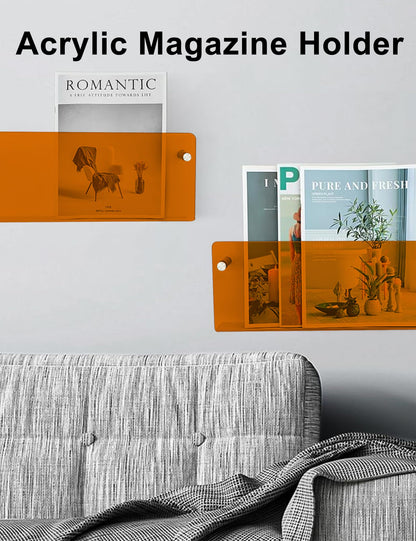 Gwezmxs Modern Newspaper Rack, Acrylic Wall Bookshelf, Orange, Pack of 2, 40 x 15 cm