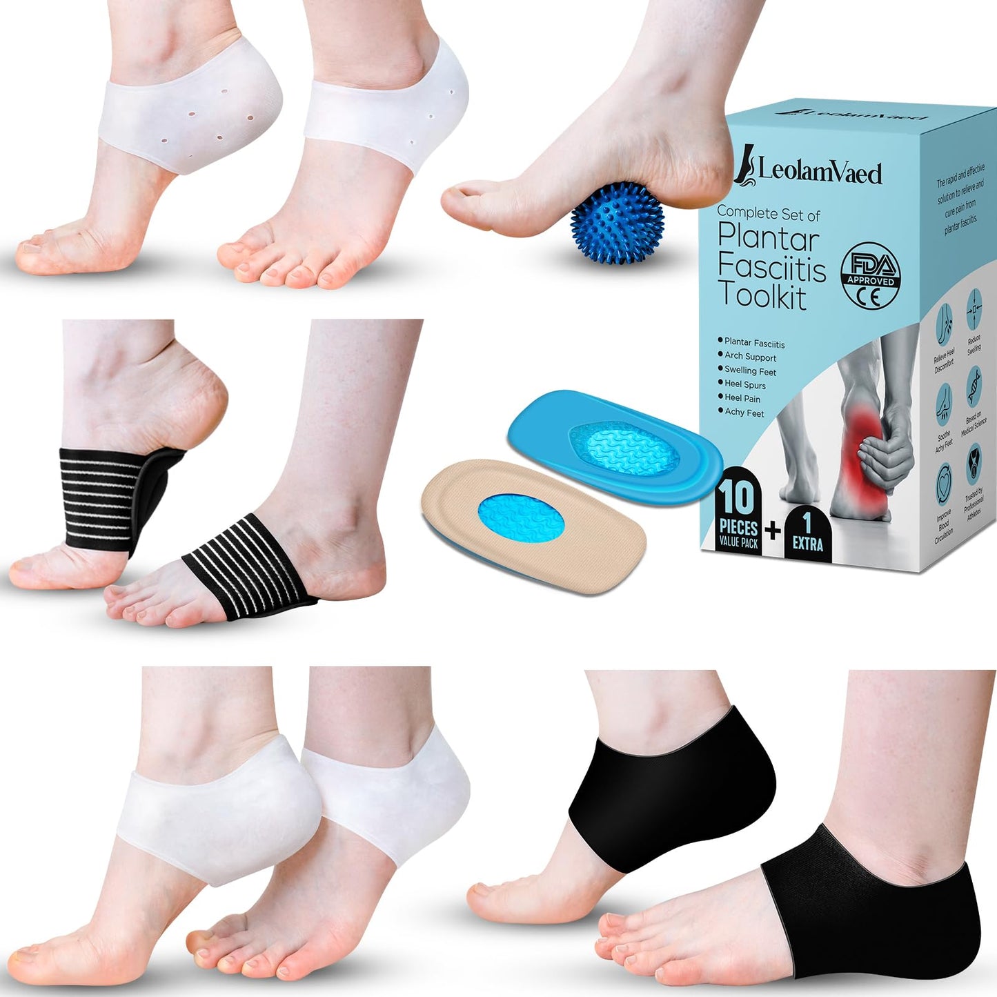 Gel Heel Sleeve Socks Plantar Fasciitis Relief with Arch Support & Spiky Massage Ball – 11pcs