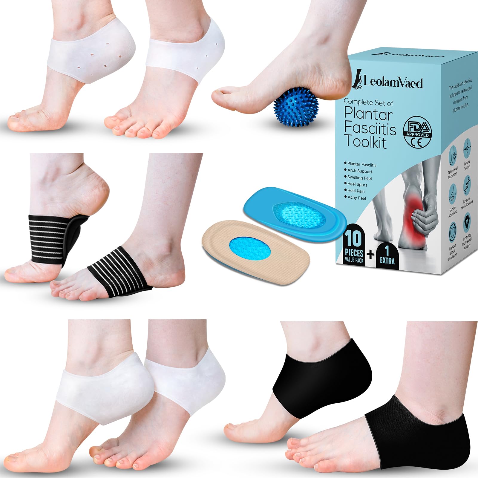 Gel Heel Sleeve Socks Plantar Fasciitis Relief with Arch Support & Spiky Massage Ball – 11pcs