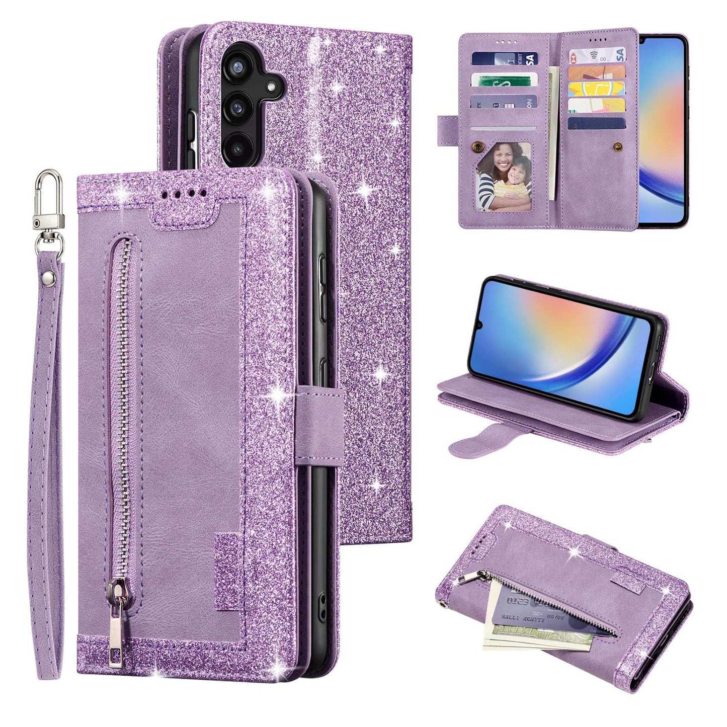 Samsung Galaxy S26+ PU Leather Zipper Wallet Case 9 Card Slots Stand Strap – Purple