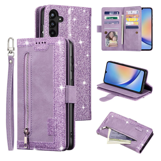 Samsung Galaxy S26+ PU Leather Zipper Wallet Case 9 Card Slots Stand Strap – Purple