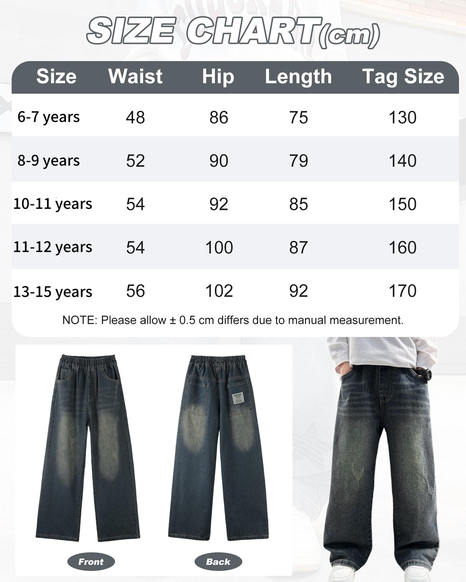 Boys Baggy Cargo Jeans Elastic Waist Multi-Pocket Denim – Blue 160 (11-12Y)