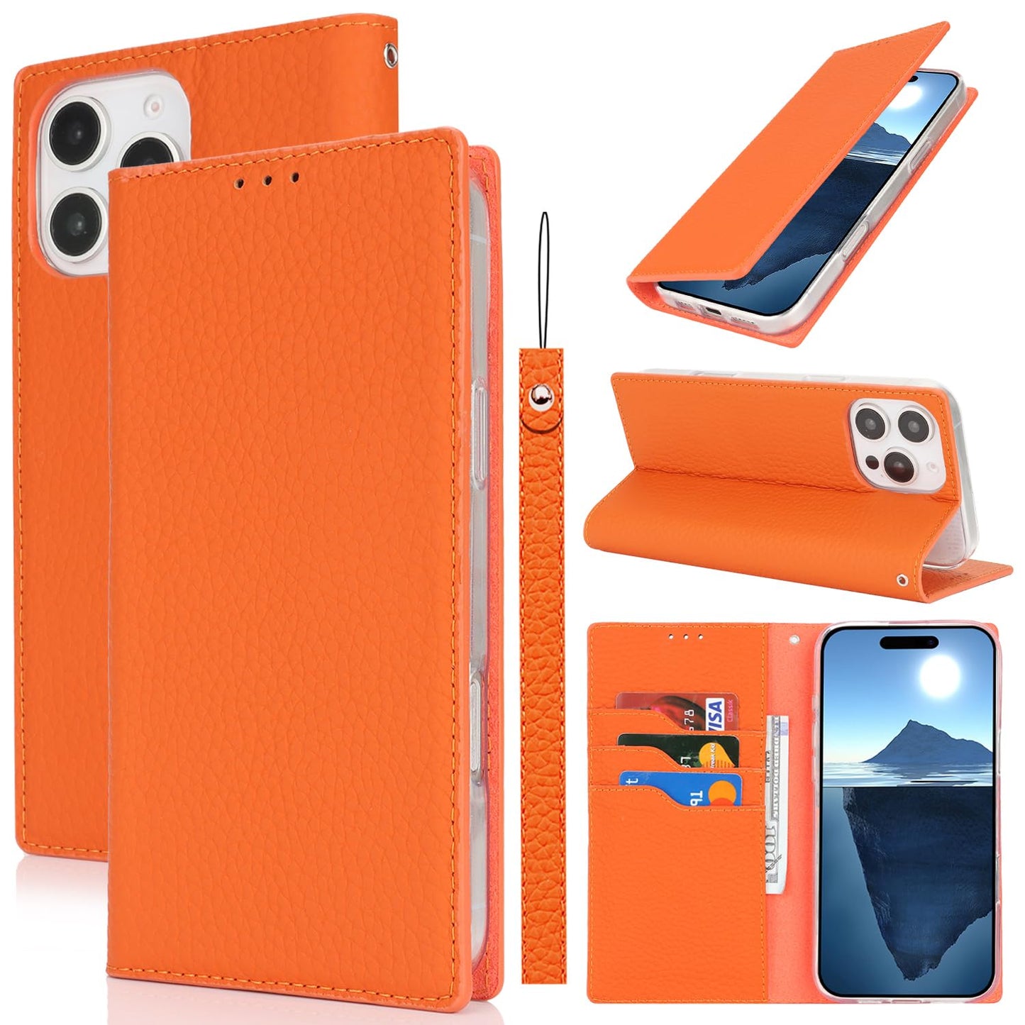 iPhone 16 Pro Leather Wallet Case Flip 3 Card RFID Blocker Magnetic Strap – Orange