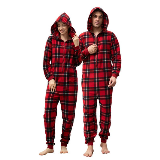 Women's Hooded Zip Onesie Pyjamas Plaid Christmas Matching Soft Warm Jumpsuit – Red-Green S