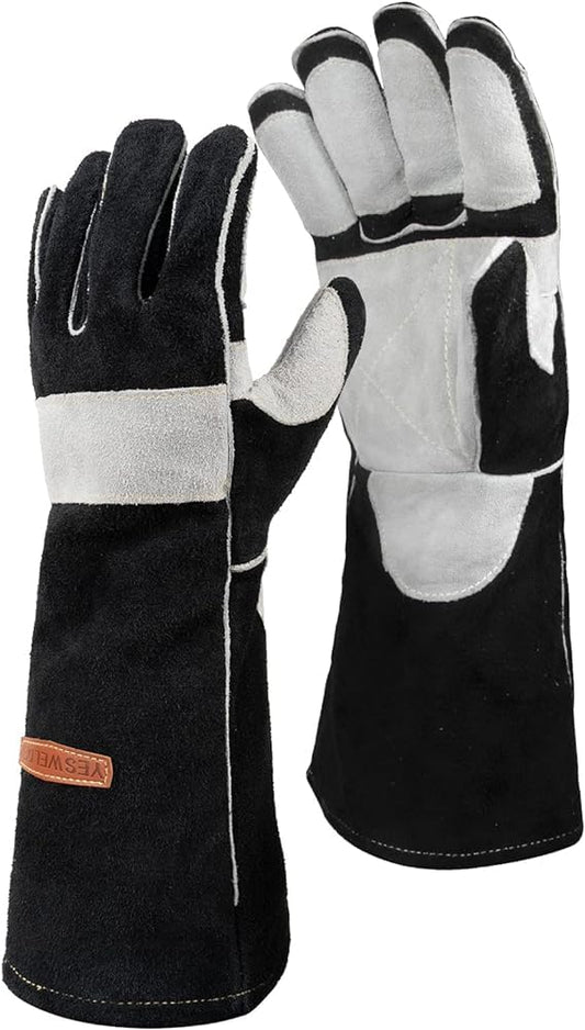 YESWELDER 40cm, 500℃ forged leather MIG welding gloves, with Kevlar seams, heat and fire resistant, palm reinforcement, black