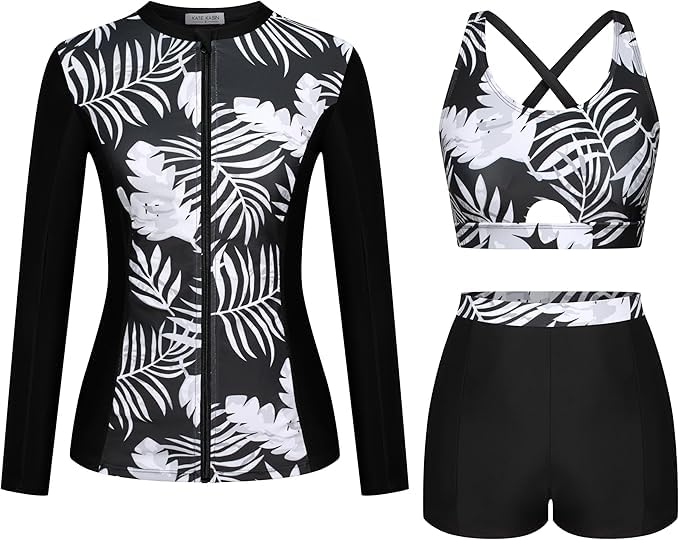 Kate Kasin Floral Printed Swimwear for Women 3 Piece Rash Guard Zipper Shirts Boyshort Sun Protection Water Sports Tankini