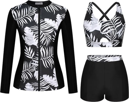 Kate Kasin Floral Printed Swimwear for Women 3 Piece Rash Guard Zipper Shirts Boyshort Sun Protection Water Sports Tankini