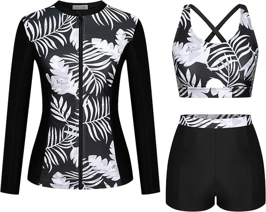 Kate Kasin Floral Printed Swimwear for Women 3 Piece Rash Guard Zipper Shirts Boyshort Sun Protection Water Sports Tankini