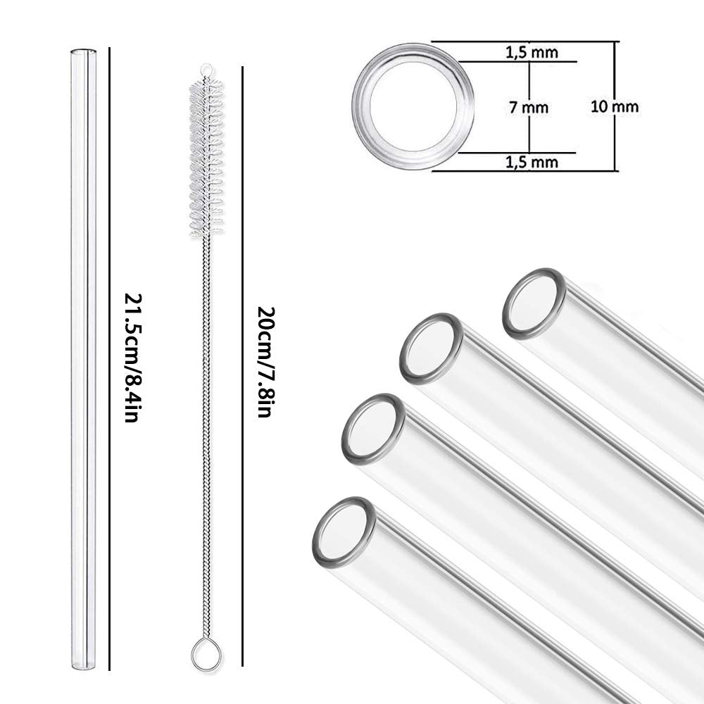 Glass Drinking Straws Reusable 6pc (3x15cm/3x21.5cm) + 2 Brushes – Clear