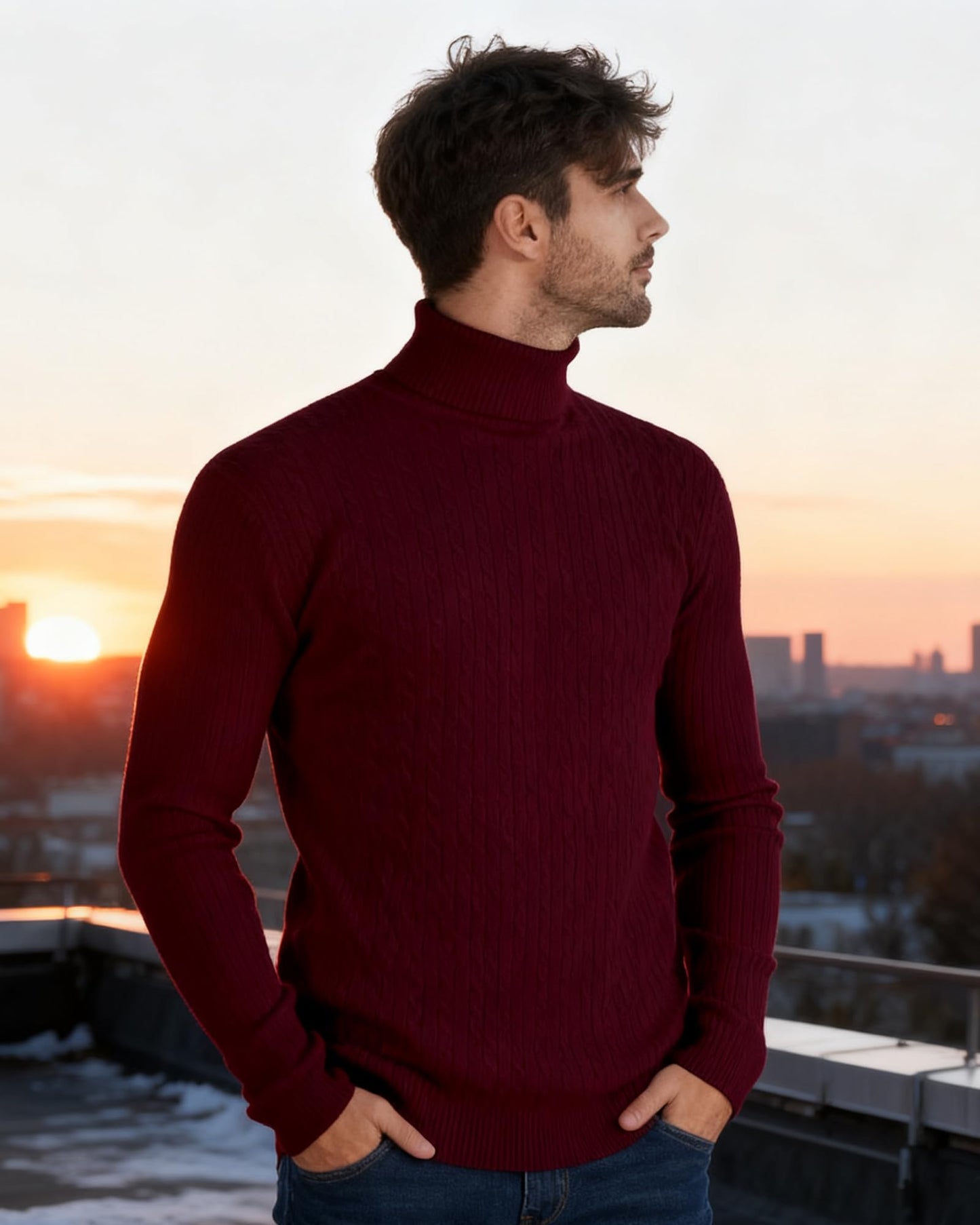Men's Roll-Neck Sweater Slim Fit Fine Knit – Burgundy L
