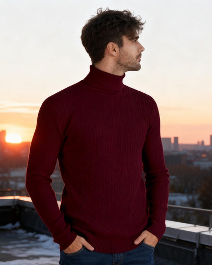 Men's Roll-Neck Sweater Slim Fit Fine Knit – Burgundy L