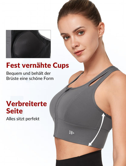 Sports Bra Hollow-Out Racerback Front Closure Strong Support – Grey XXL