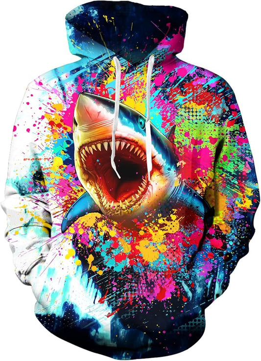 Men's Fleece Hoodie 3D Shark Print Unisex Long Sleeve Pullover Sweatshirt - Gultify