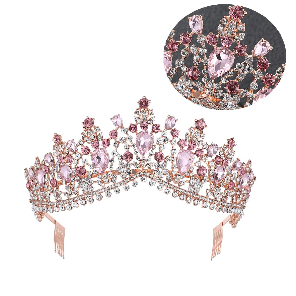 Crystal Tiara Comb Rhinestone Crown Headband for Bride Princess – Gold Pink