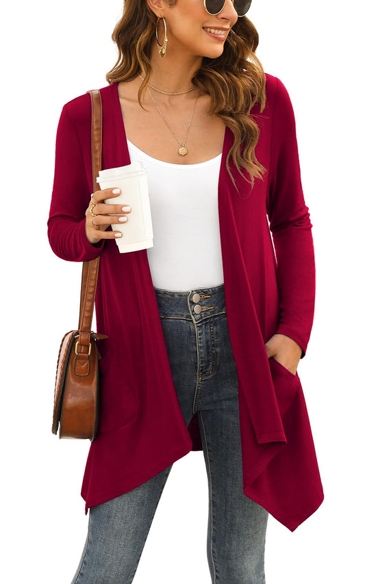 Women's Knit Kimono Cardigan Long Sleeve Lightweight with Pockets High-Low Drape – Wine Red M