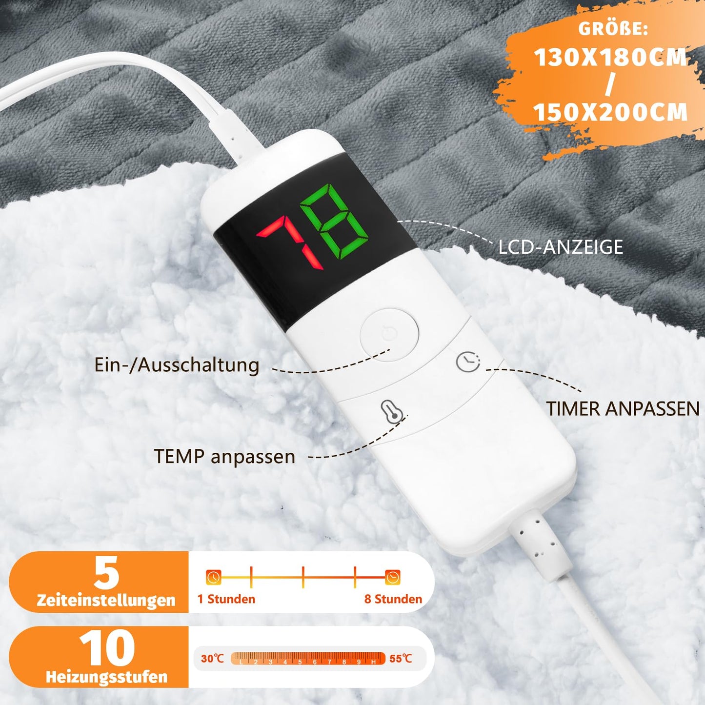 Heated Blanket 10 Heat Settings Automatic Shut-Off Fluffy – Grey 130x180 cm