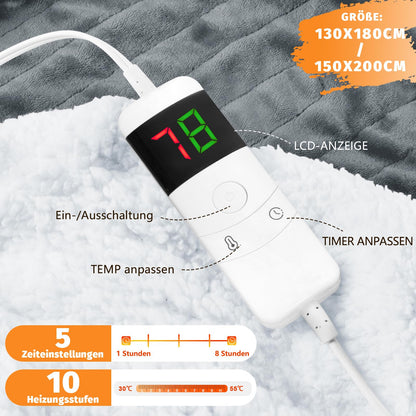 Heated Blanket 10 Heat Settings Automatic Shut-Off Fluffy – Grey 130x180 cm