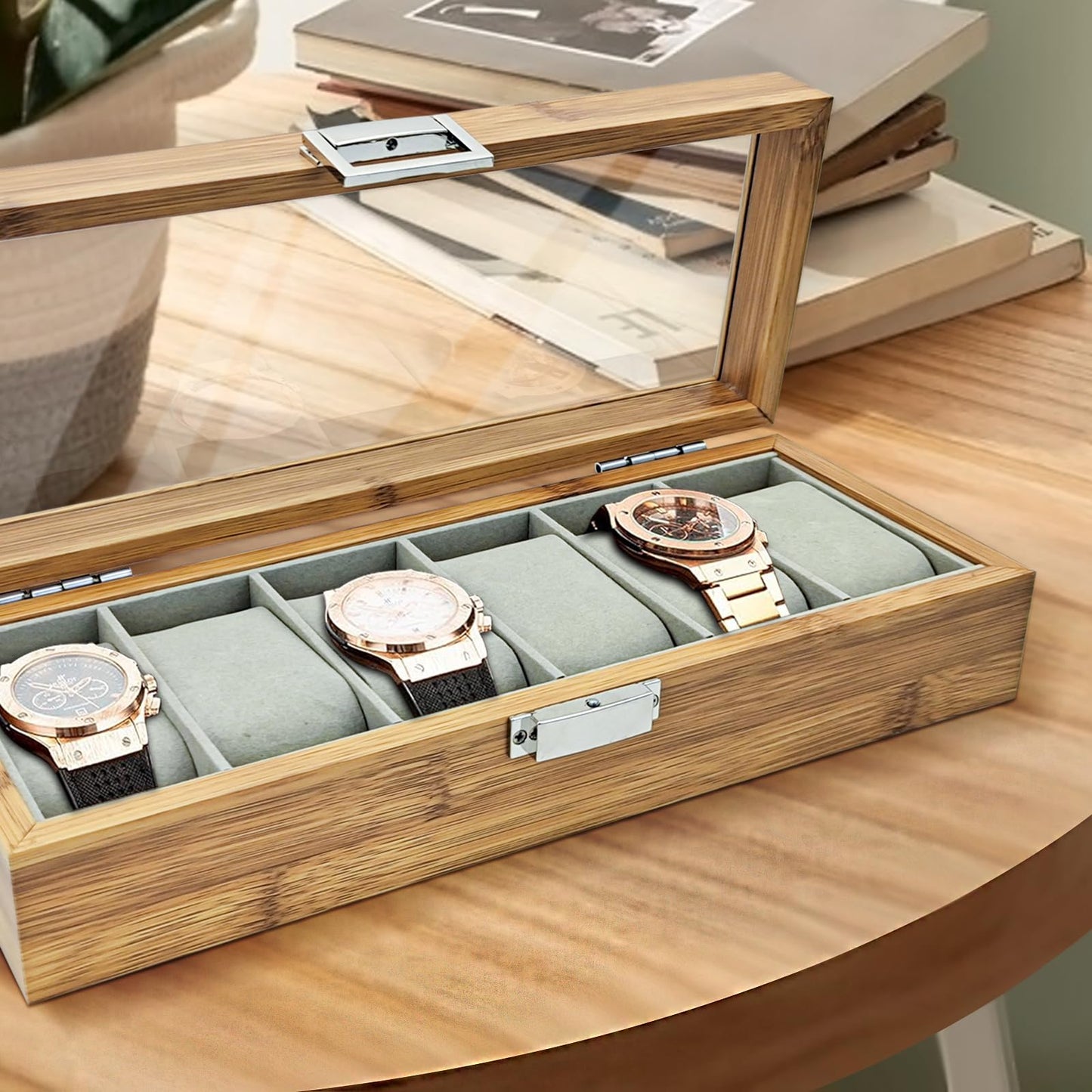 WisePoint Watch Box 6 Slot, Wooden Watch Case Watch Holder with Removable Cushion, Retro Watch Box Watch Storage Box for