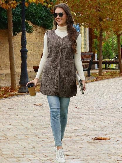 Long Teddy Fleece Vest Women's Sleeveless Warm Lightweight V-Neck Casual Button-Up – Long