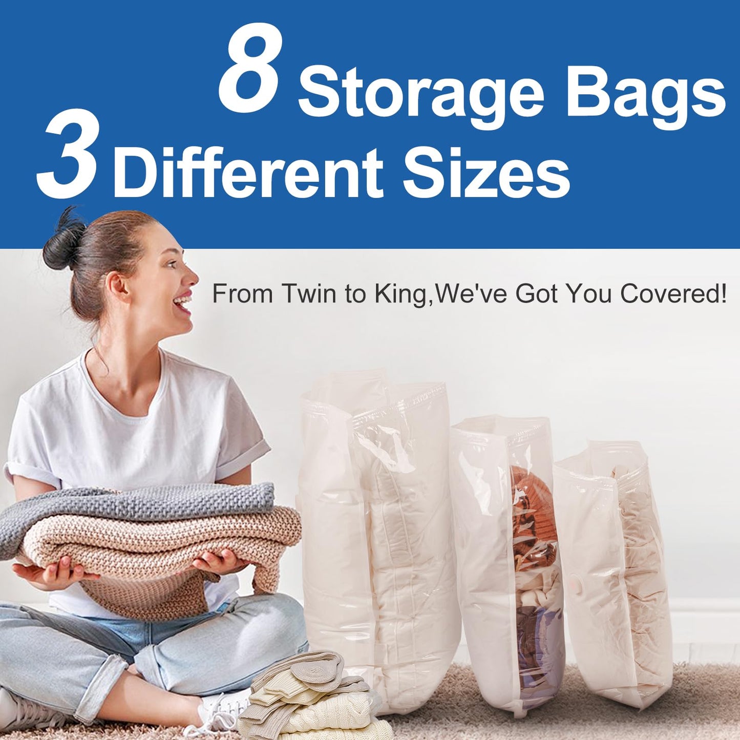 Vacbird Vacuum Bags for Clothes with Electric Pump, 8 Pack Vacuum Storage Bags (4 Large, 2 Medium, 2 Small), Reusable for