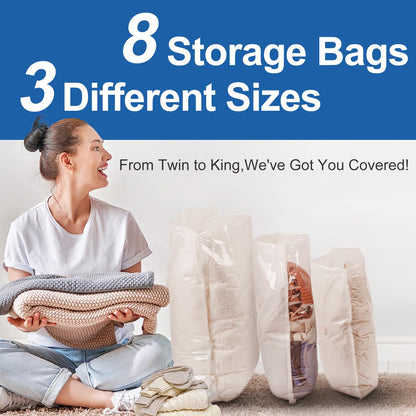 Vacbird Vacuum Bags for Clothes with Electric Pump, 8 Pack Vacuum Storage Bags (4 Large, 2 Medium, 2 Small), Reusable for