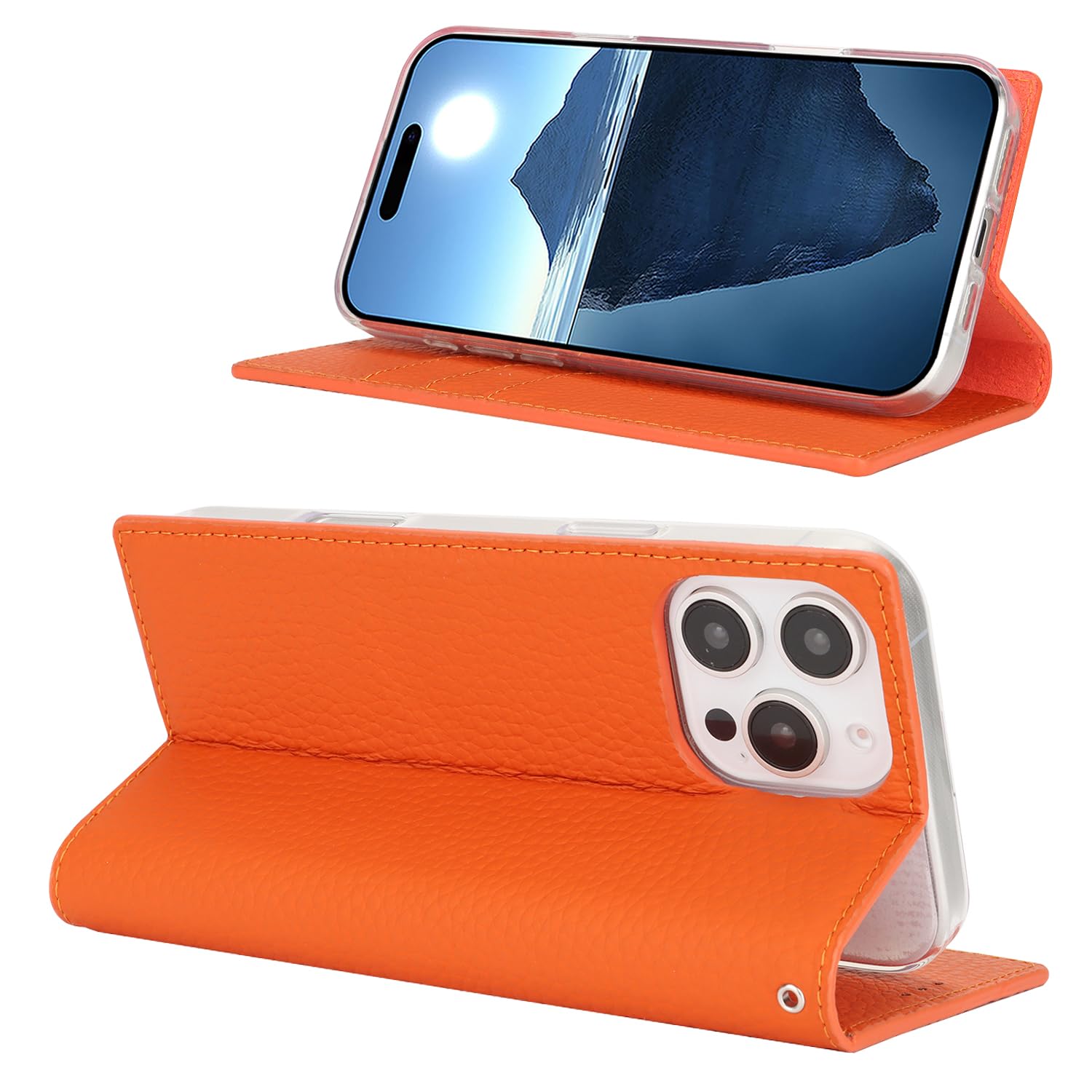 iPhone 16 Pro Leather Wallet Case Flip 3 Card RFID Blocker Magnetic Strap – Orange
