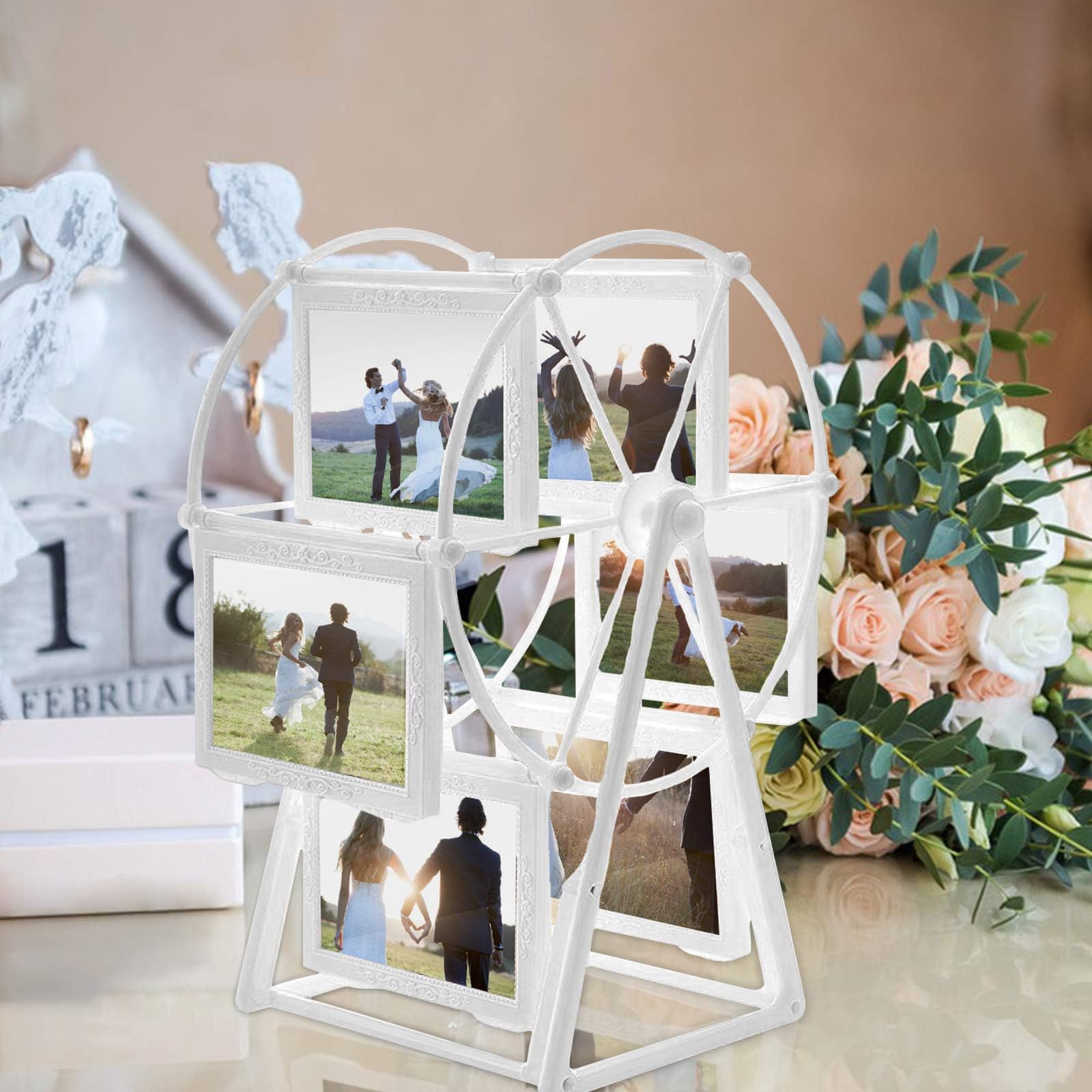 Rotating Photo Frame Ferris-Wheel 6-Frame Holds 12 Photos Self-Assembly – White