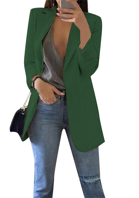 OMZIN Women's Long Sleeve Lapel Suits Open Front Solid Blazer Jacket Pockets Work Office Blazer Suit Dark Green XL
