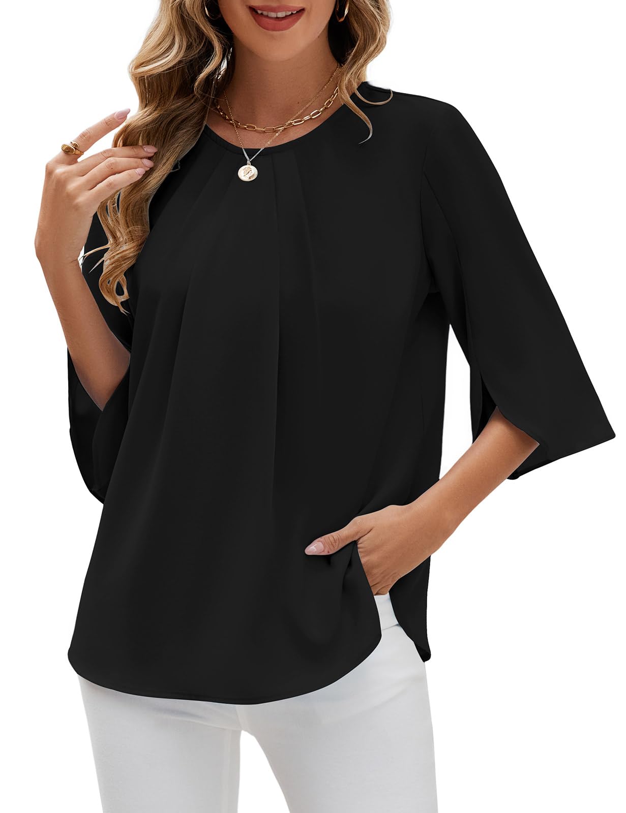 Women's 3/4 Sleeve Chiffon Blouse Crew Neck Split Sleeve – Black XXL