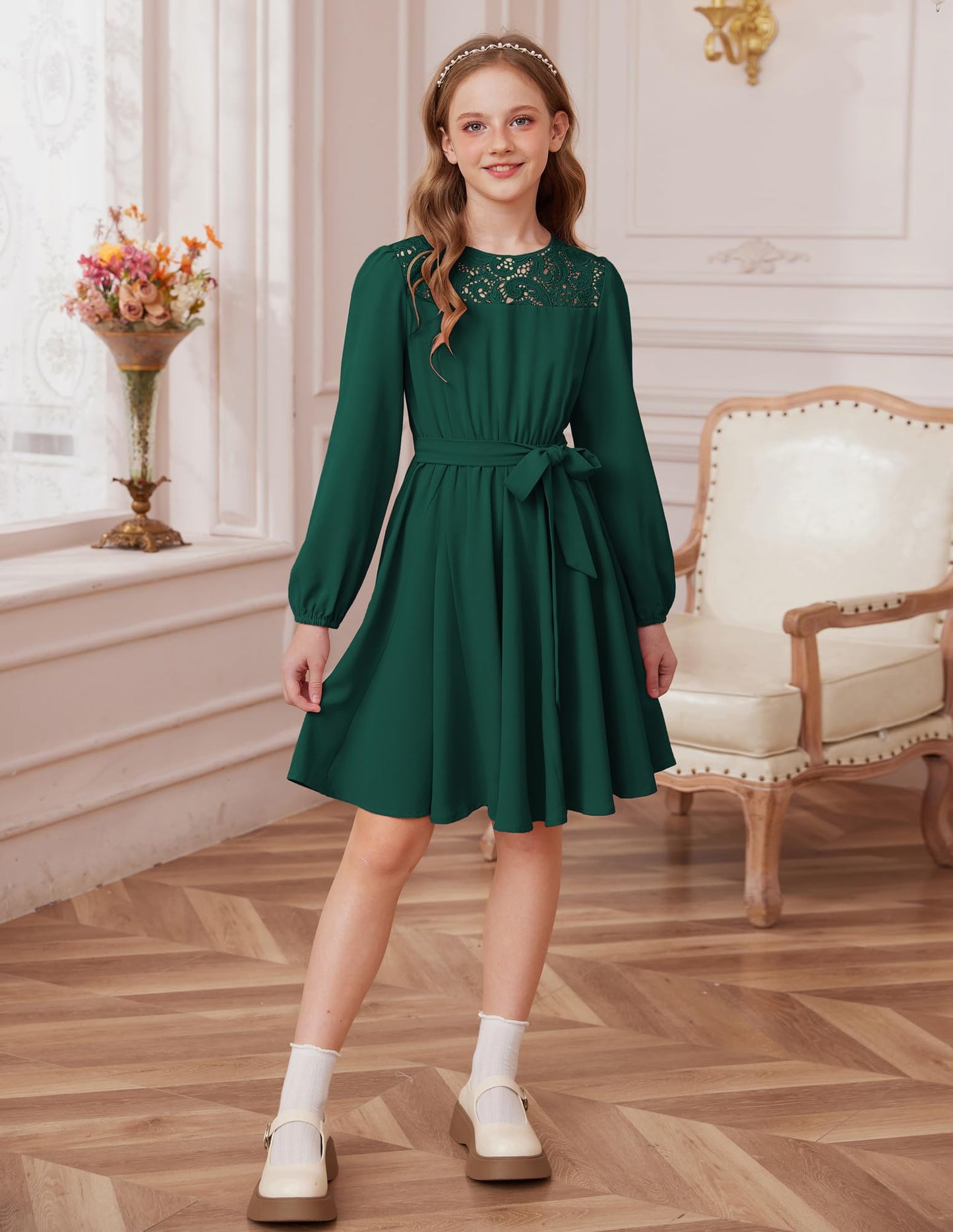 Girls' Mesh A-Line Party Dress Elegant Round Neck Princess – Dark Green 7Y