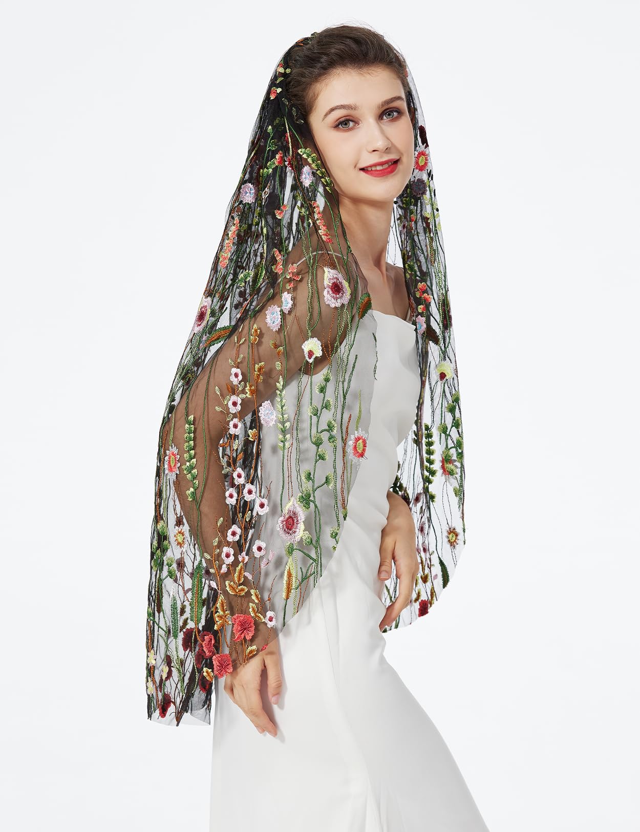 Fingertip Floral Embroidered Tulle Bridal Veil 1-Layer with Comb – White