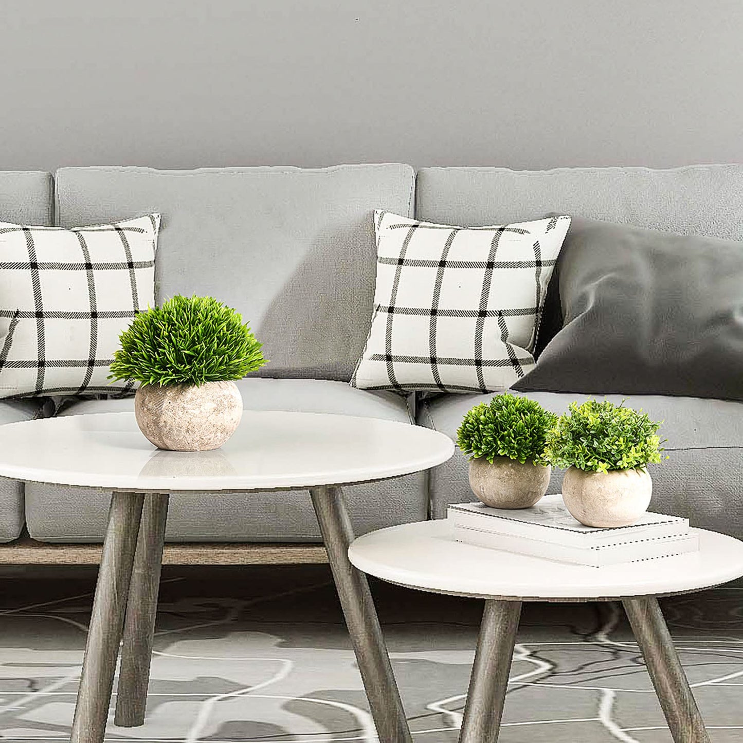 GoMaihe Artificial Plant 3 Pieces Artificial Plants with Grey Pot, 9.5 x 13 cm Indoor and Outdoor Plastic Fake Green Grass,